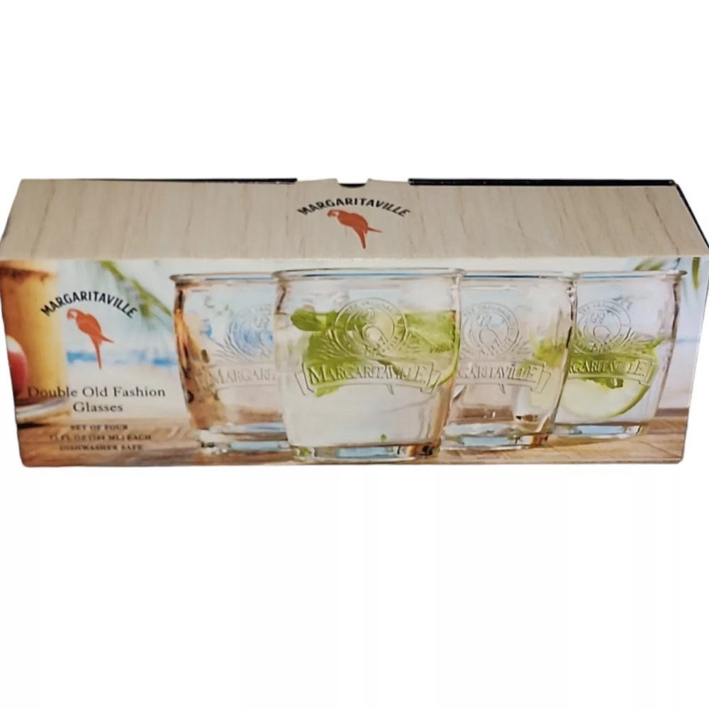 Margaritaville Island Double Old Fashioned Glass Set Of 4 Clear Parrot Logo New